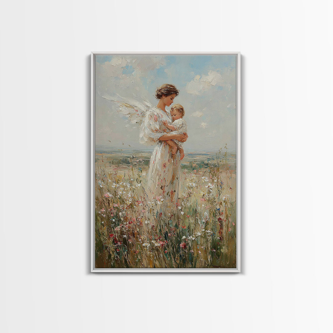 Serene Angel Mother Cradling Baby In Flower Field Framed Canvas Print, Christian Wall Art, Nursery Decor, Gift For Her And Mom