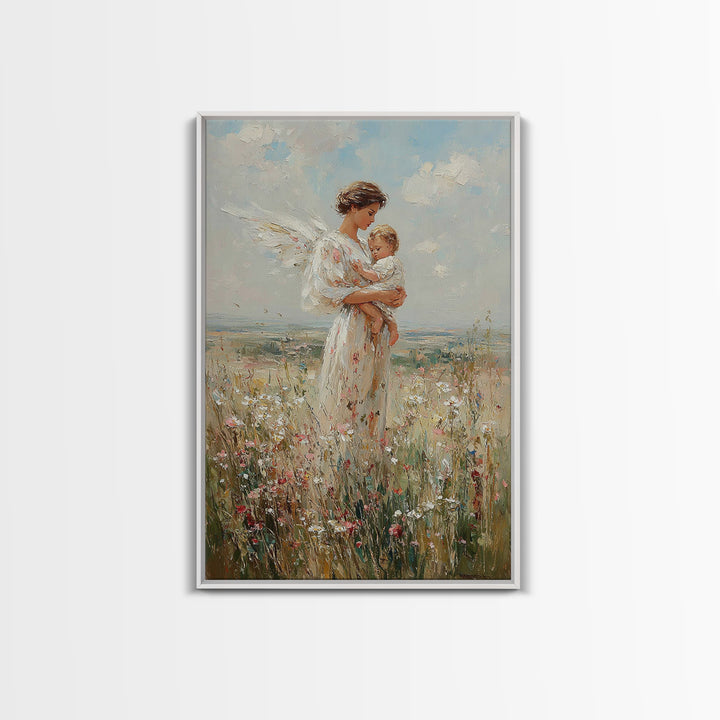 Serene Angel Mother Cradling Baby In Flower Field Framed Canvas Print, Christian Wall Art, Nursery Decor, Gift For Her And Mom