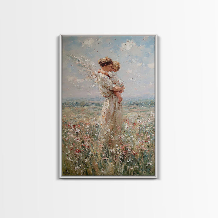 Protective Angel Mother And Child In Windy Meadow Canvas Print, Christian Wall Art, Nursery Art, Motherhood Gift For Her