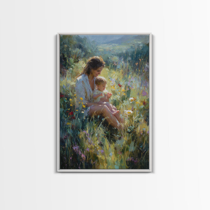 Glowing Mother And Baby In Mountain Wildflower Meadow Wall Art, Impressionist Landscape Decor, Nursery Art, Gift For Mom