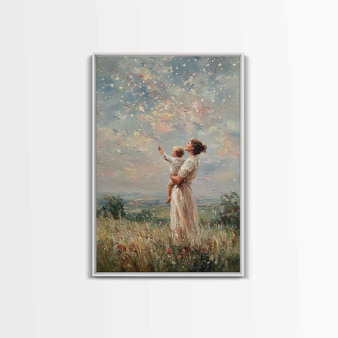 Mother Holding Child Beneath Starry Sky In Meadow Framed Canvas Print, Celestial Wall Art, Christian Nursery Decor, Gift