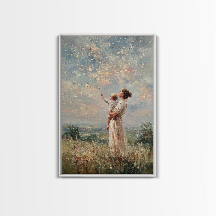 Mother Holding Child Beneath Starry Sky In Meadow Framed Canvas Print, Celestial Wall Art, Christian Nursery Decor, Gift