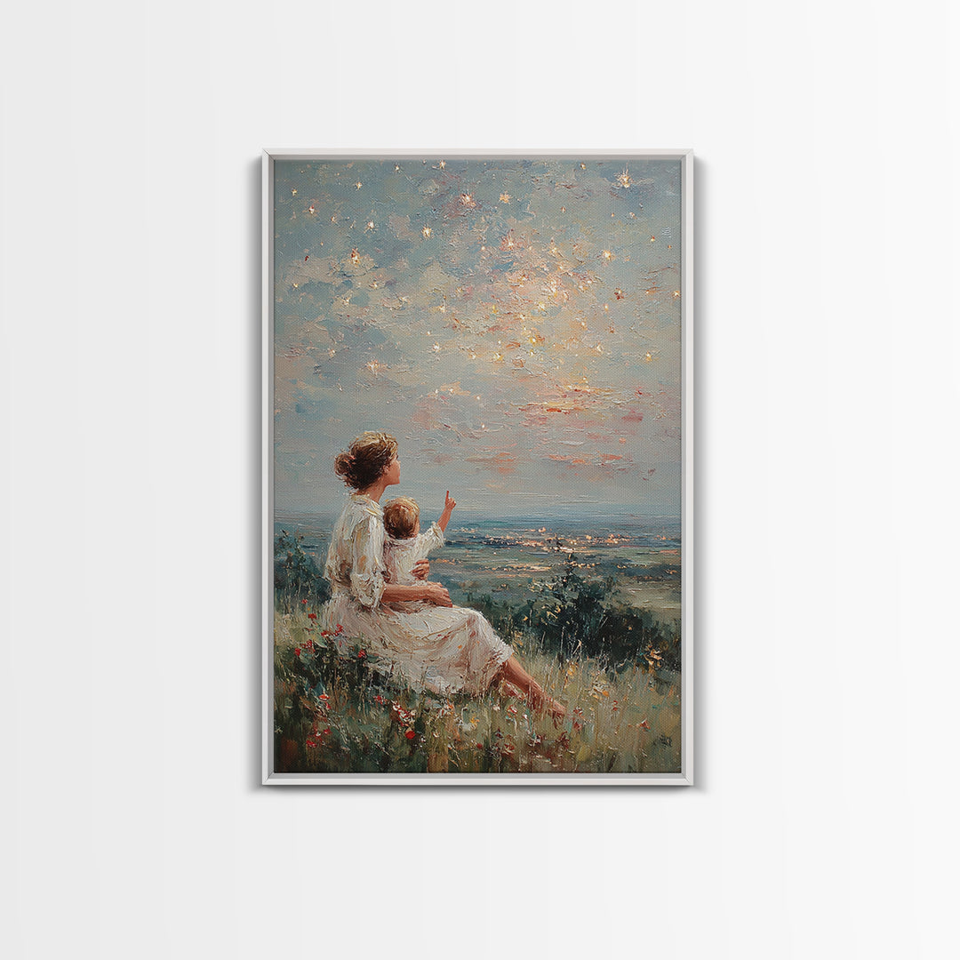 Mother And Child Under Sparkling Sky Wall Art, Impressionist Meadow Landscape Print, Nursery Decor, Gift For Mom, Living Room Decor