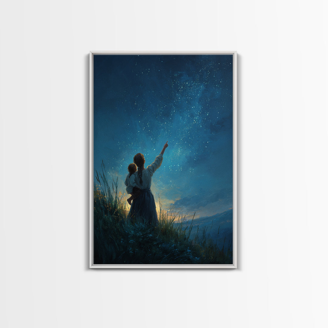 Mother And Child Stargazing At Milky Way Framed Canvas Print, Celestial Wall Art, Night Sky Decor, Nursery Gift, Mystical Home Decor