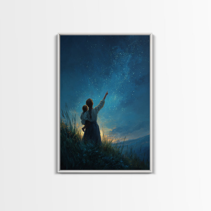 Mother And Child Stargazing At Milky Way Framed Canvas Print, Celestial Wall Art, Night Sky Decor, Nursery Gift, Mystical Home Decor