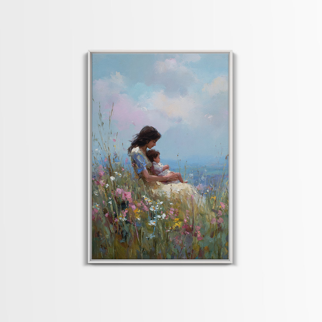 Mother Holding Baby In Wildflower Meadow Canvas Print, Impressionist Floral Wall Art, Nursery Decor, Gift For Her, Mothers Day Gift