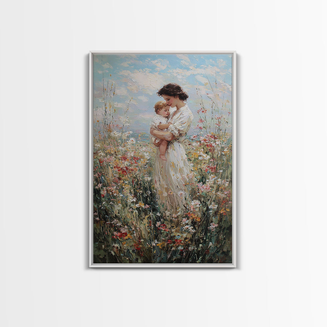 Mother Holding Baby In Sunlit Wildflowers Framed Canvas Print, Impressionist Floral Wall Art, Motherhood Gift, Nursery Decor