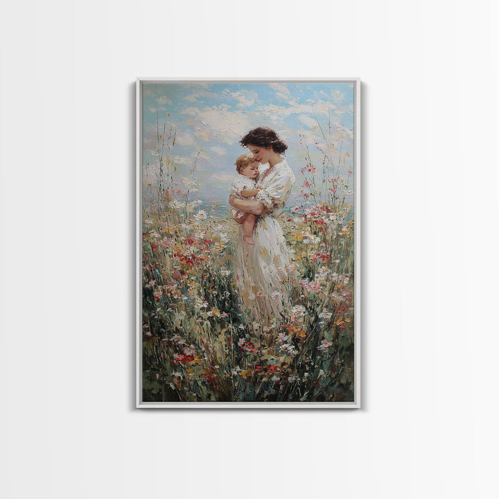 Mother Holding Baby In Sunlit Wildflowers Framed Canvas Print, Impressionist Floral Wall Art, Motherhood Gift, Nursery Decor