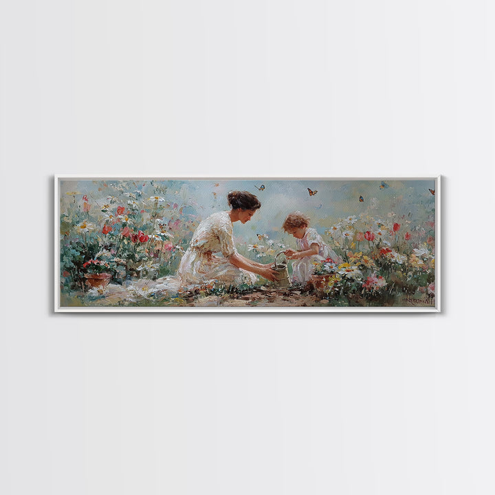 Mother And Child Garden Wall Art, Impressionist Wildflower Meadow Canvas Print, Feminine Nursery Decor Gift For Mom Home Decor