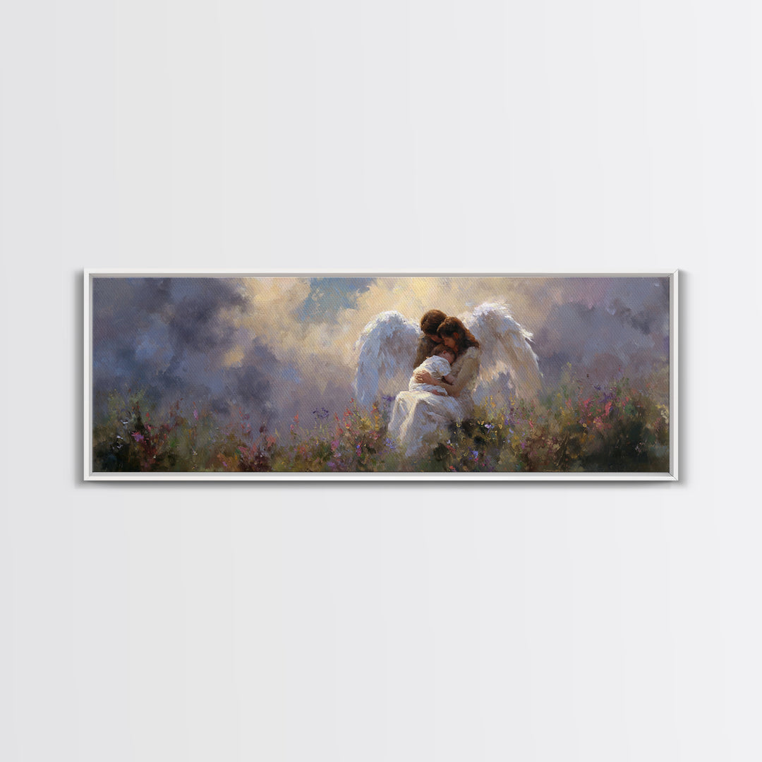 Guardian Angel And Child Wall Art, Ethereal Wildflower Meadow Framed Canvas Print, Christian Nursery Decor Gift For Baby Room
