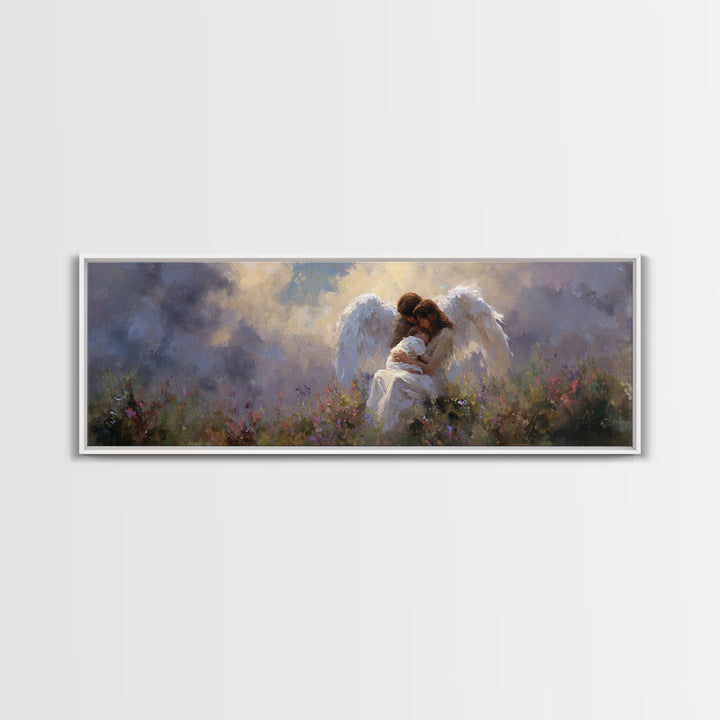 Guardian Angel And Child Wall Art, Ethereal Wildflower Meadow Framed Canvas Print, Christian Nursery Decor Gift For Baby Room