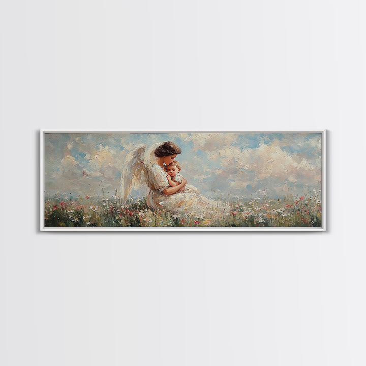 Angel Mother Holding Baby Wall Art, White Wings Wildflower Field Canvas Print, Christian Nursery Decor Gift For Mom Home Decor