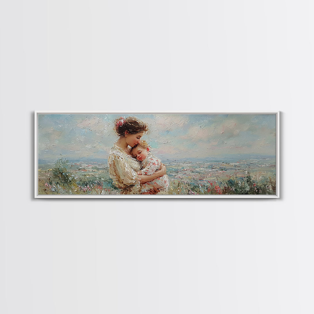 Mother Holding Sleeping Baby Wall Art, Tender Wildflower Landscape Canvas Print, Feminine Nursery Decor Gift For Mom Home Decor