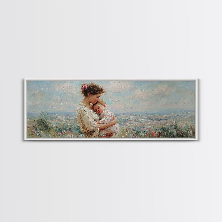 Mother Holding Sleeping Baby Wall Art, Tender Wildflower Landscape Canvas Print, Feminine Nursery Decor Gift For Mom Home Decor