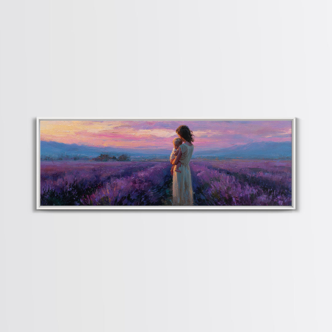 Mother And Baby Lavender Path Wall Art, Sunset Provence Landscape Framed Canvas Print, Romantic Bedroom Decor Gift For Mom