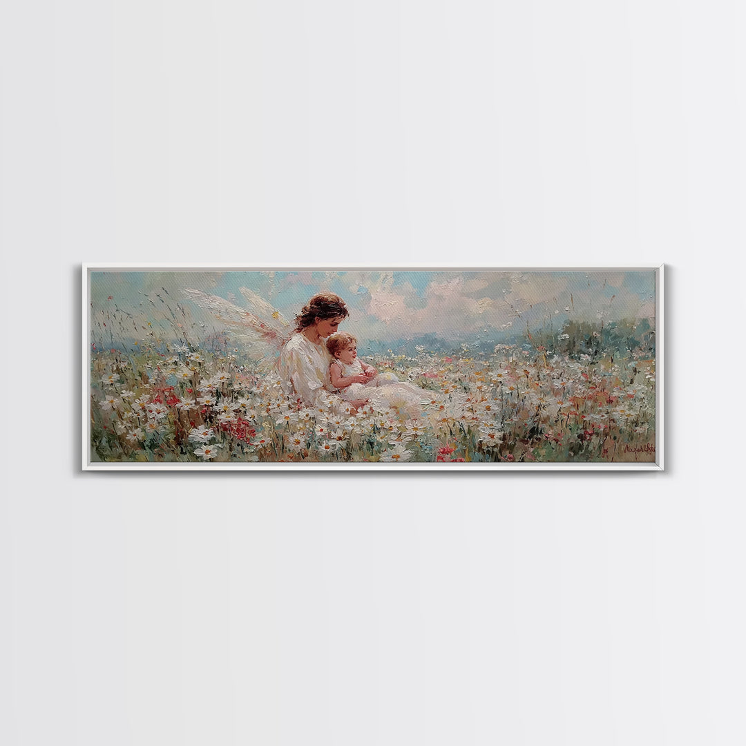 Angel Mother And Baby Daisy Meadow Wall Art, Heavenly Wildflower Canvas Print, Christian Nursery Decor Gift For Mom Home Decor