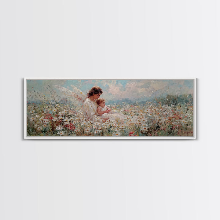 Angel Mother And Baby Daisy Meadow Wall Art, Heavenly Wildflower Canvas Print, Christian Nursery Decor Gift For Mom Home Decor