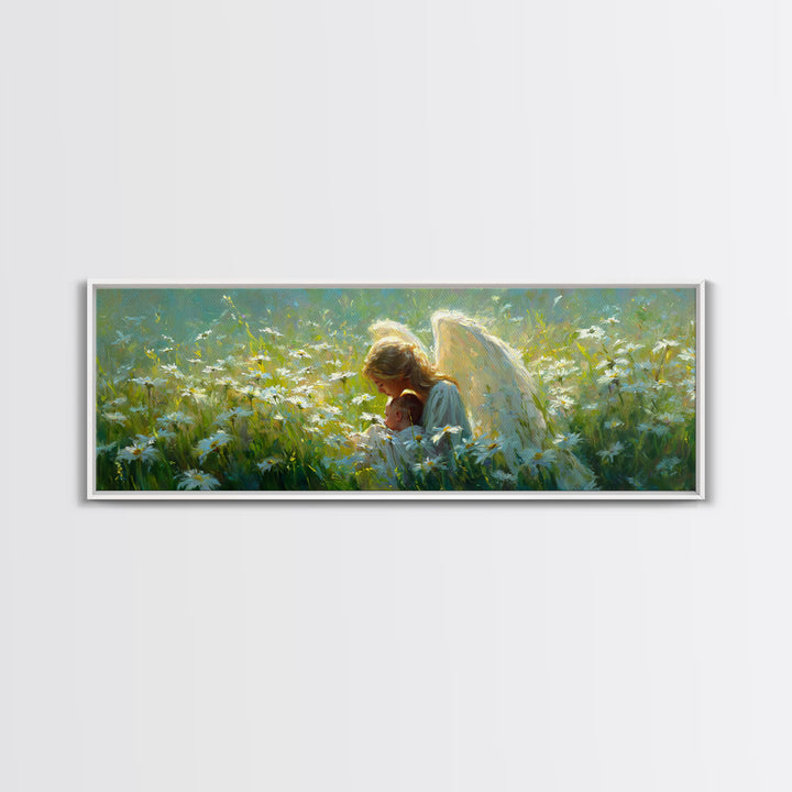 Guardian Angel Holding Baby In Daisy Meadow Framed Canvas Print, Christian Wall Art, Nursery Decor, Motherhood Gift For Her