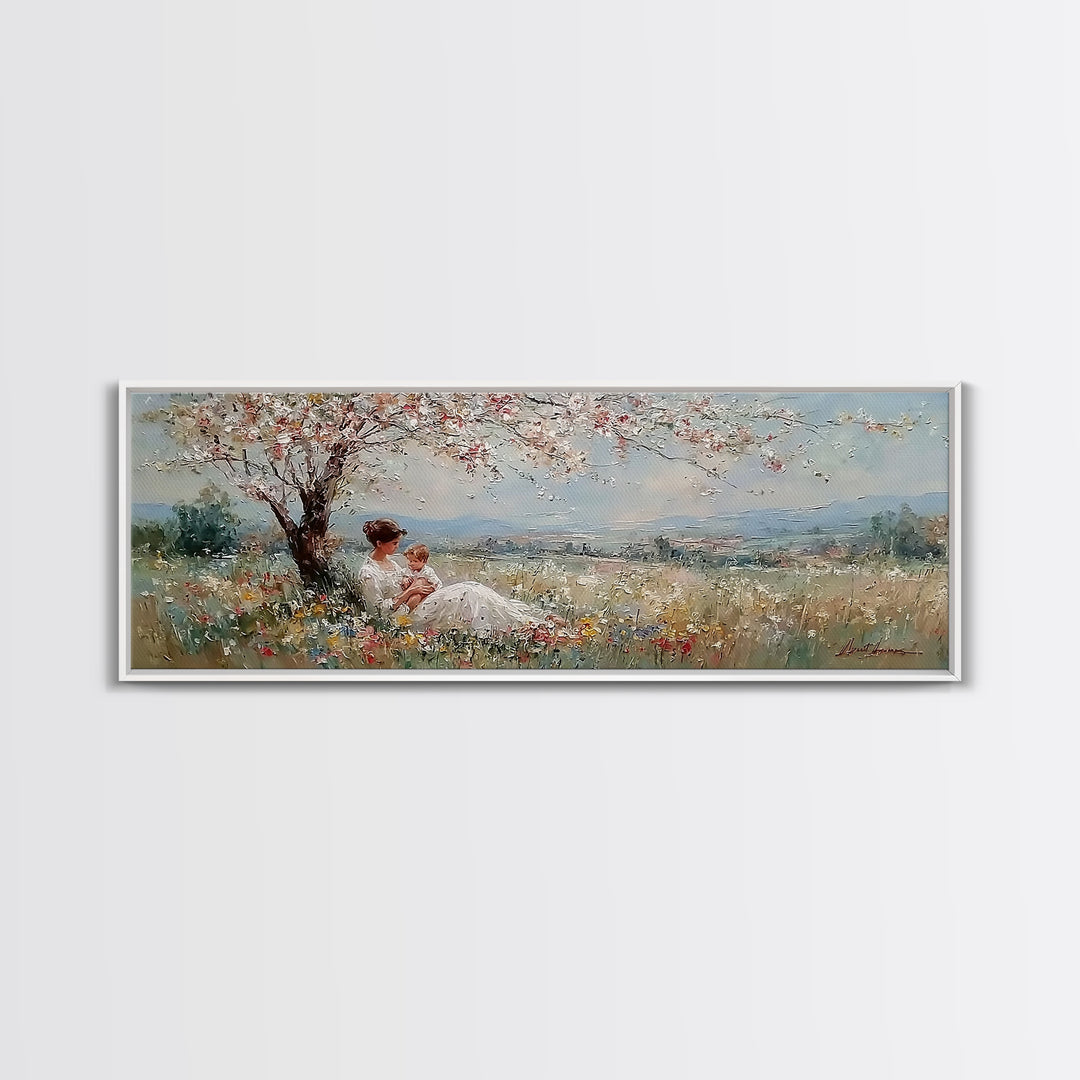 Mother And Baby Under White Blossom Tree In Meadow Framed Canvas Print, Floral Wall Art, Valley Landscape, Nursery Decor