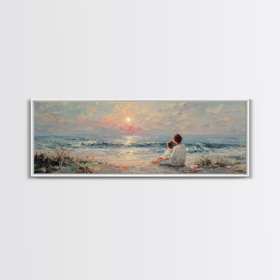 Mother And Child Sitting By Seaside Sunset Canvas Print, Coastal Wall Art, Beach House Decor, Ocean Painting, Gift For Mom