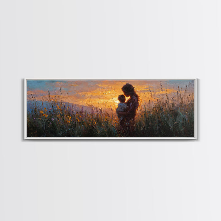 Sunset Meadow Mother And Baby Framed Canvas Print, Impressionist Wildflower Wall Decor, Motherhood Gift For Her, Living Room Art