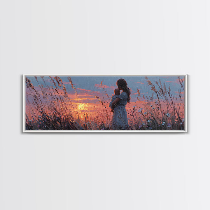 Pink Sunset Mother And Baby Canvas Print, Romantic Wildflower Field Wall Art, Feminine Nursery Decor And Bedroom Gift For Mom