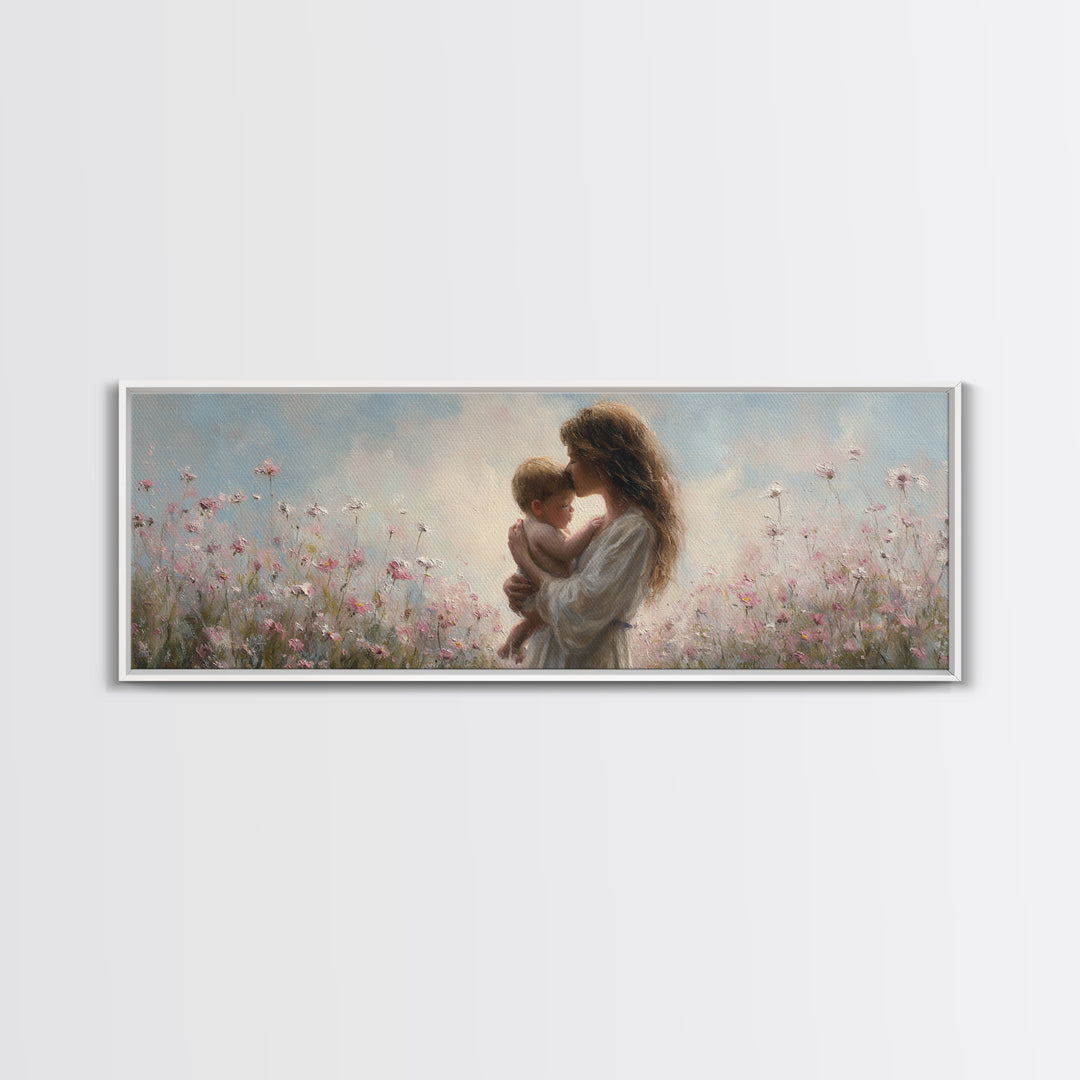 Soft Floral Mother And Baby Wall Art, Dreamy Impressionist Wildflower Meadow, Feminine Nursery Decor Gift For Mom Bedroom Decor