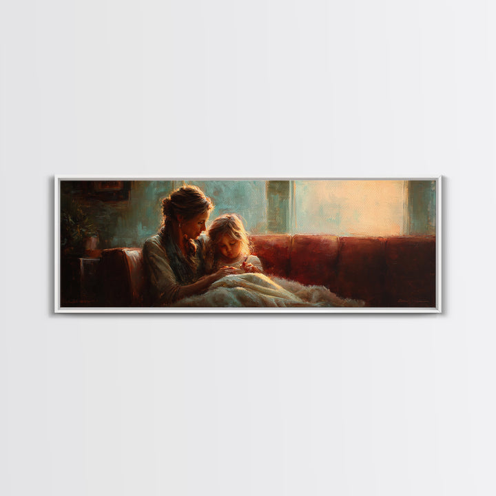 Warm Mother And Child Bedtime Story Canvas Print, Cozy Lamplight Sofa Wall Art, Family Living Room Decor Gift For Her Bedroom Decor