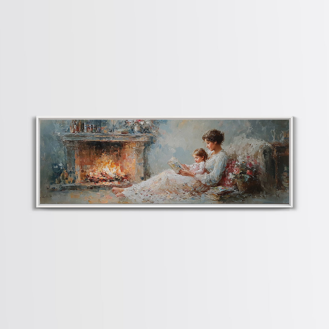 Mother Reading By Fireplace With Child Canvas Print, Cozy Bedroom Wall Art, Impressionist Living Room Decor, Gift For Mom