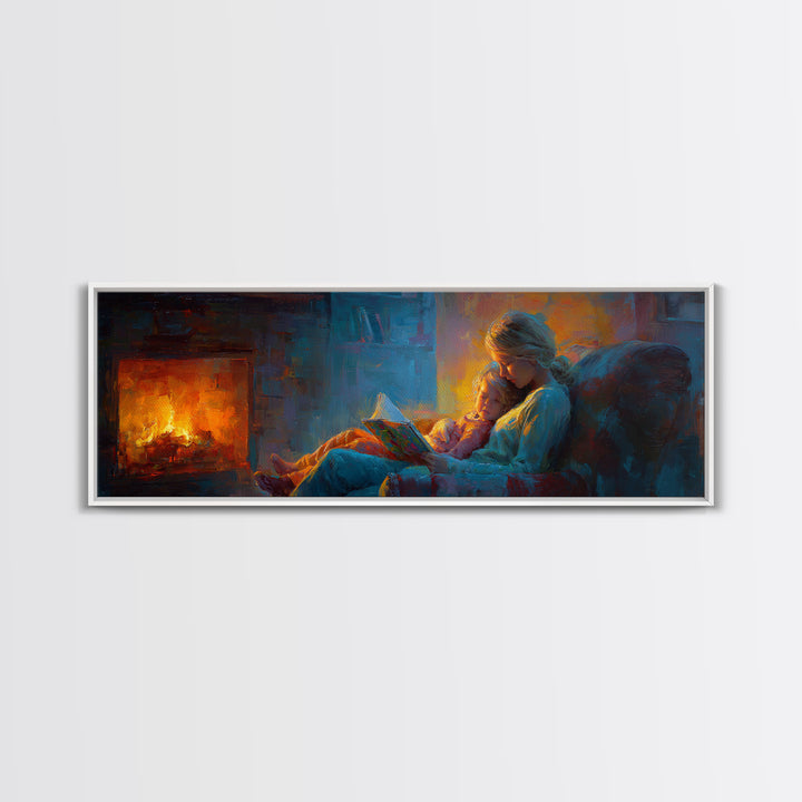 Cozy Mother And Child Reading By Firelight Wall Art, Moody Impressionist Canvas Print, Dark Academia Living Room Decor Gift