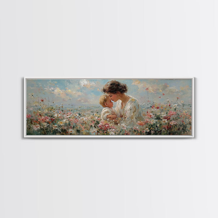 Mother Kissing Baby In Wildflower Meadow Framed Canvas Print, Feminine Floral Wall Art, Soft Nursery Decor, Gift For Her