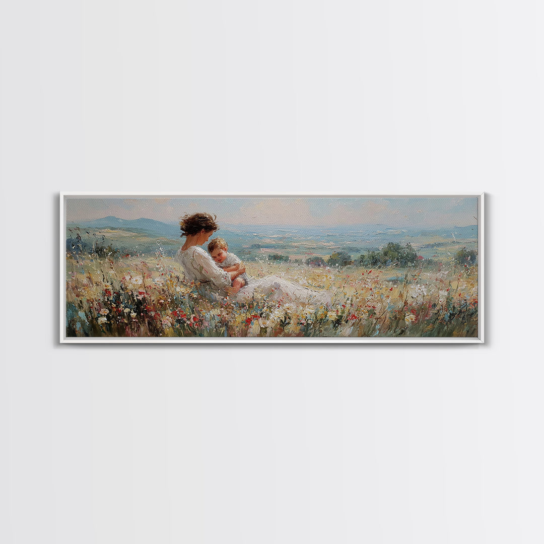 Mother And Baby Resting In Wildflowers Wall Art, Impressionist Landscape Canvas Print, Feminine Nursery Decor, Gift For Mom