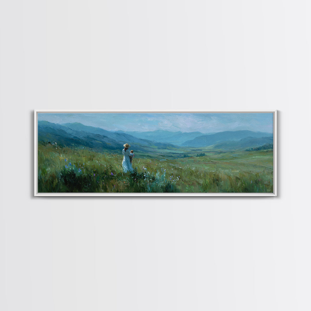 Mother And Child Over Mountain Valley Framed Canvas Print, Panoramic Landscape Wall Art, Blue Green Nature Decor Gift For Her