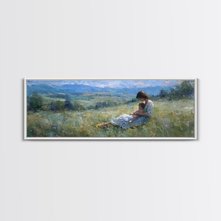 Mother And Child In Blue Mountain Meadow Canvas Print, Impressionist Landscape Wall Art, Peaceful Bedroom Decor, Gift For Her