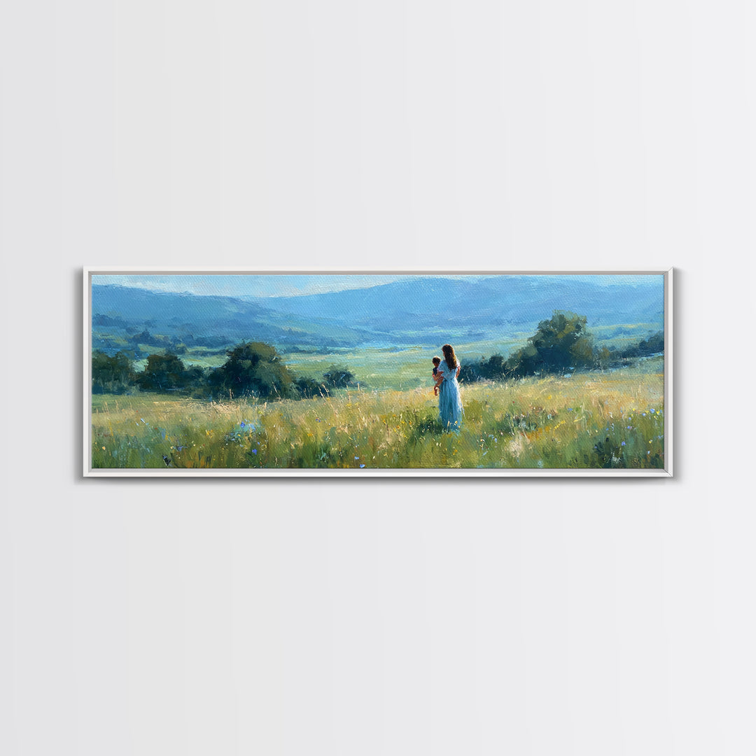 Mother Holding Child In Golden Meadow Wall Art, Panoramic Blue Mountain Canvas Print, Nature Nursery Decor, Housewarming Gift