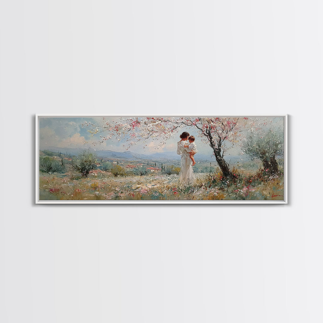 Mother And Baby Under Blossoming Tree Framed Canvas Print, Impressionist Spring Landscape Wall Decor, Nursery Art Gift For Her