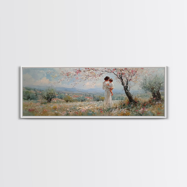 Mother And Baby Under Blossoming Tree Framed Canvas Print, Impressionist Spring Landscape Wall Decor, Nursery Art Gift For Her