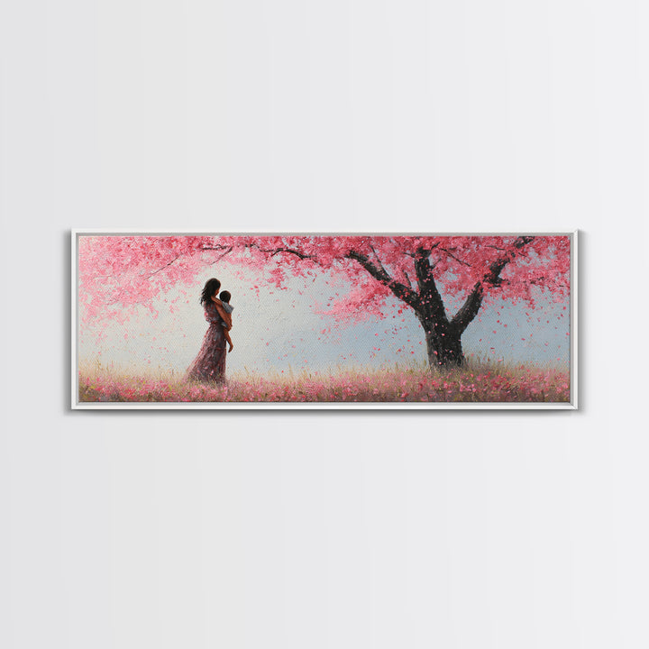Mother And Infant Beneath Pink Cherry Blossoms Wall Art, Romantic Spring Nursery Decor, Feminine Canvas Art Gift For Her