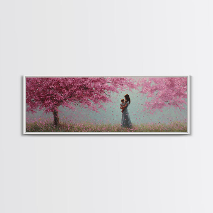 Mother Holding Baby In Pink Blossom Grove Framed Canvas Print, Pastel Nursery Wall Art, Cherry Blossom Home Decor Gift For Mom