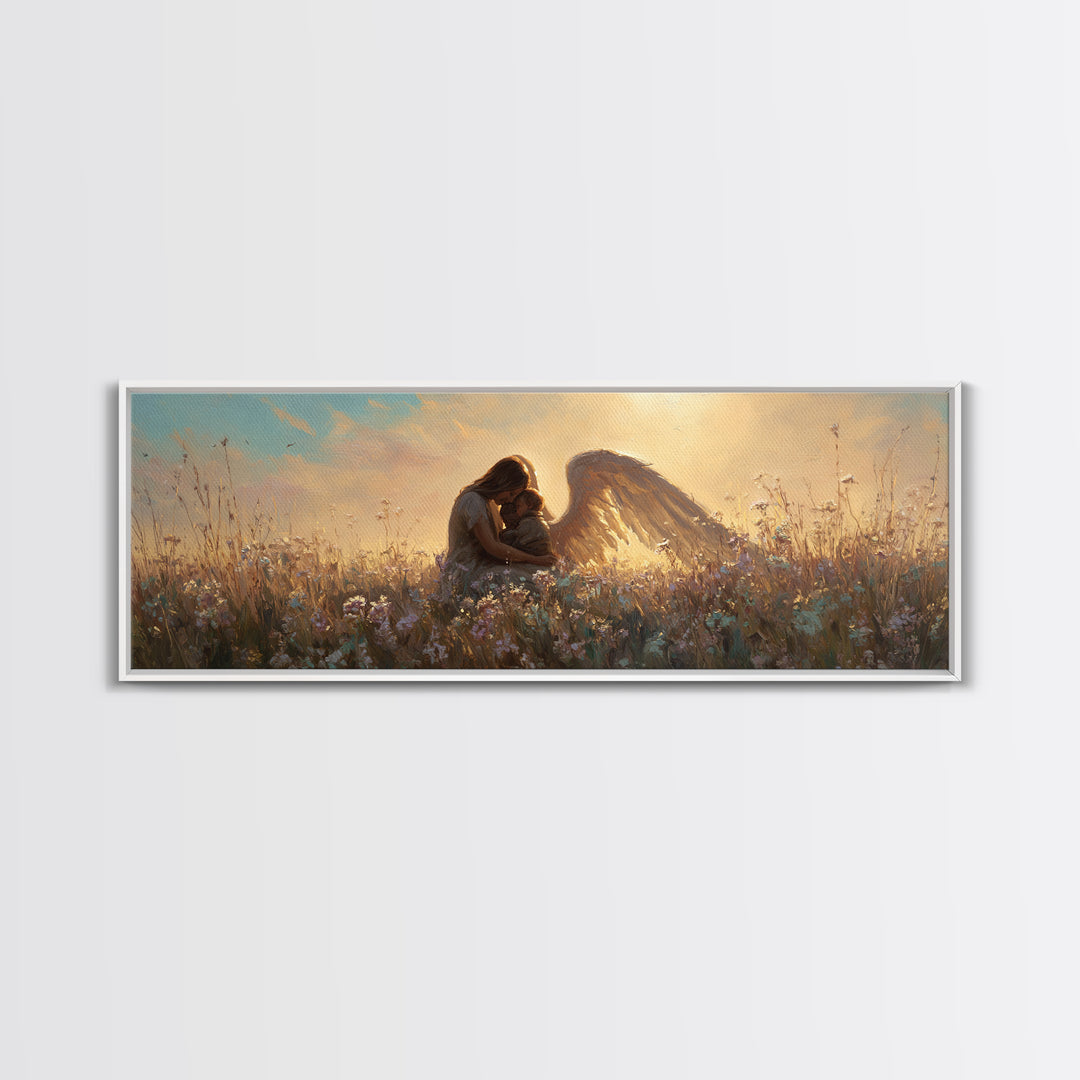 Sunset Guardian Angel Cuddling Child Wall Art, Golden Wildflower Meadow Canvas Print, Christian Nursery Decor Gift For Mom