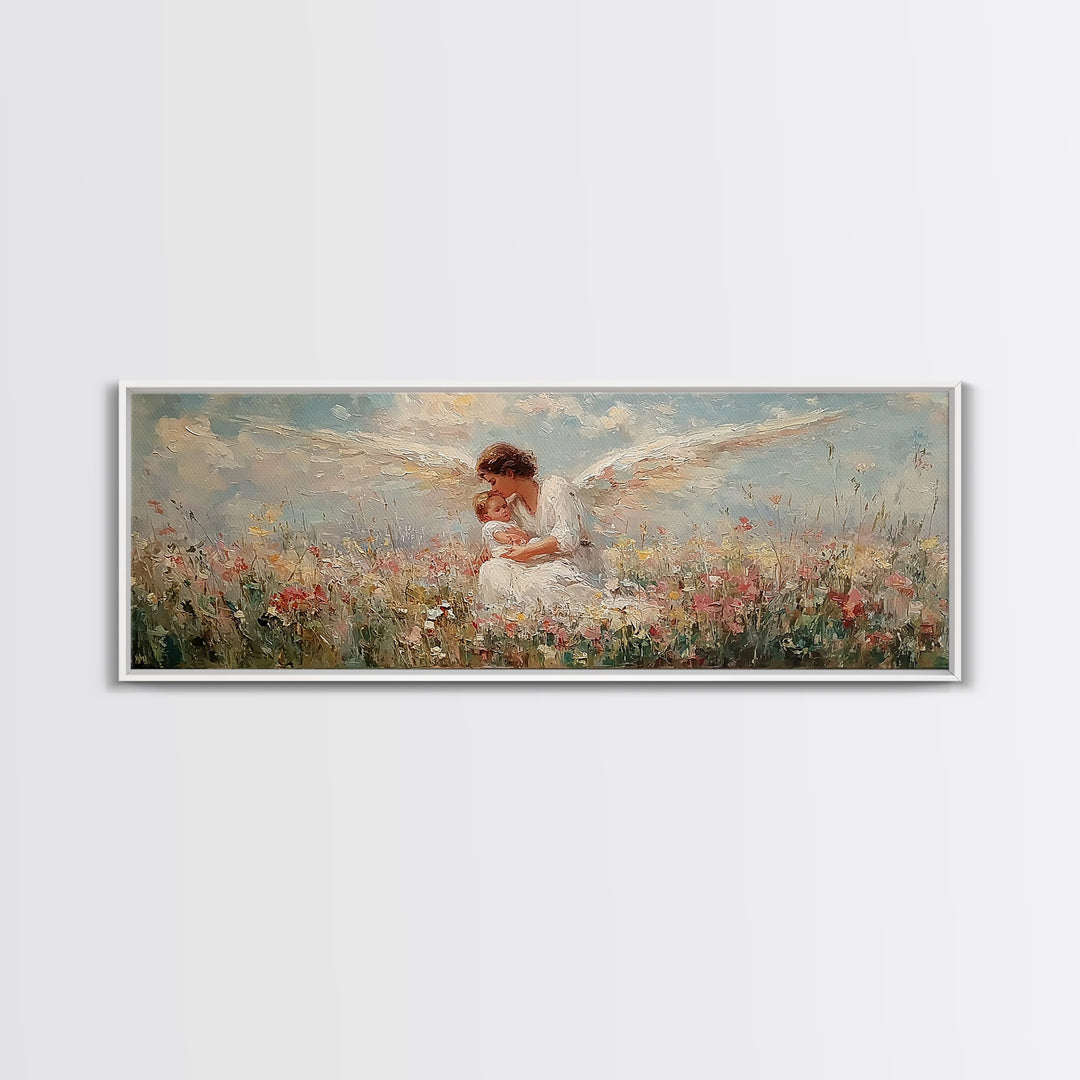 Curly Haired Angel Holding Baby In Flowers Canvas Print, Christian Wall Art, Spiritual Nursery Decor, Baptism Gift For Baby