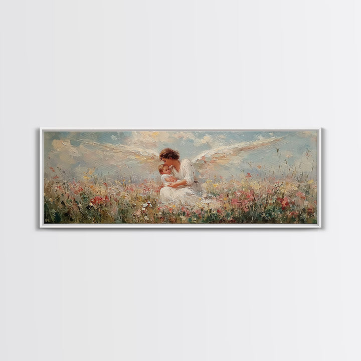 Curly Haired Angel Holding Baby In Flowers Canvas Print, Christian Wall Art, Spiritual Nursery Decor, Baptism Gift For Baby
