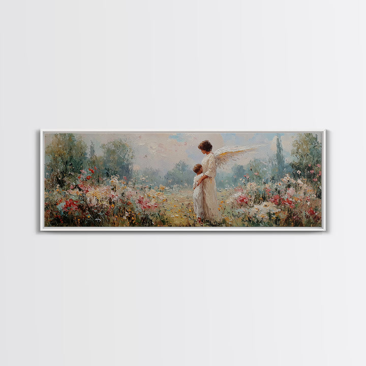 Guardian Angel With Child Framed Canvas Print, Spiritual Wall Art, Nursery Decor, Christian Gift, Wildflower Landscape Art