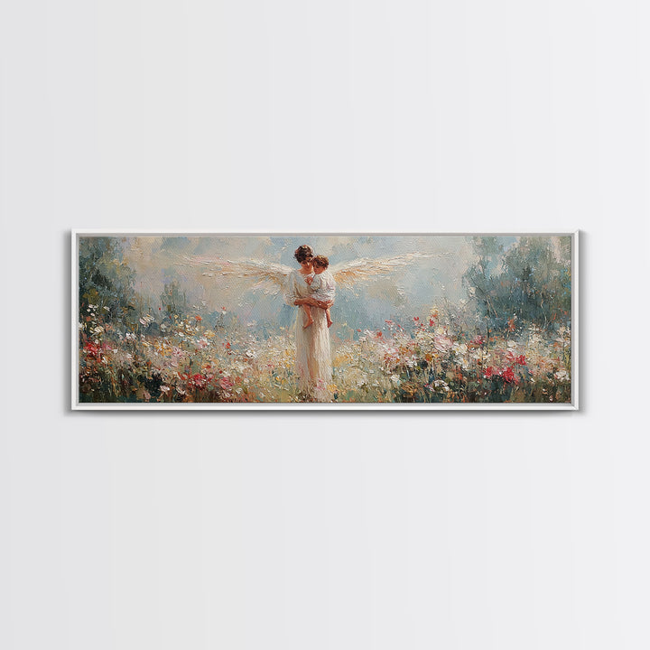Angel Mother Holding Child Canvas Print, Christian Wall Art, Nursery Decor, Ethereal Meadow Painting, Gift For Her, Housewarming Gift