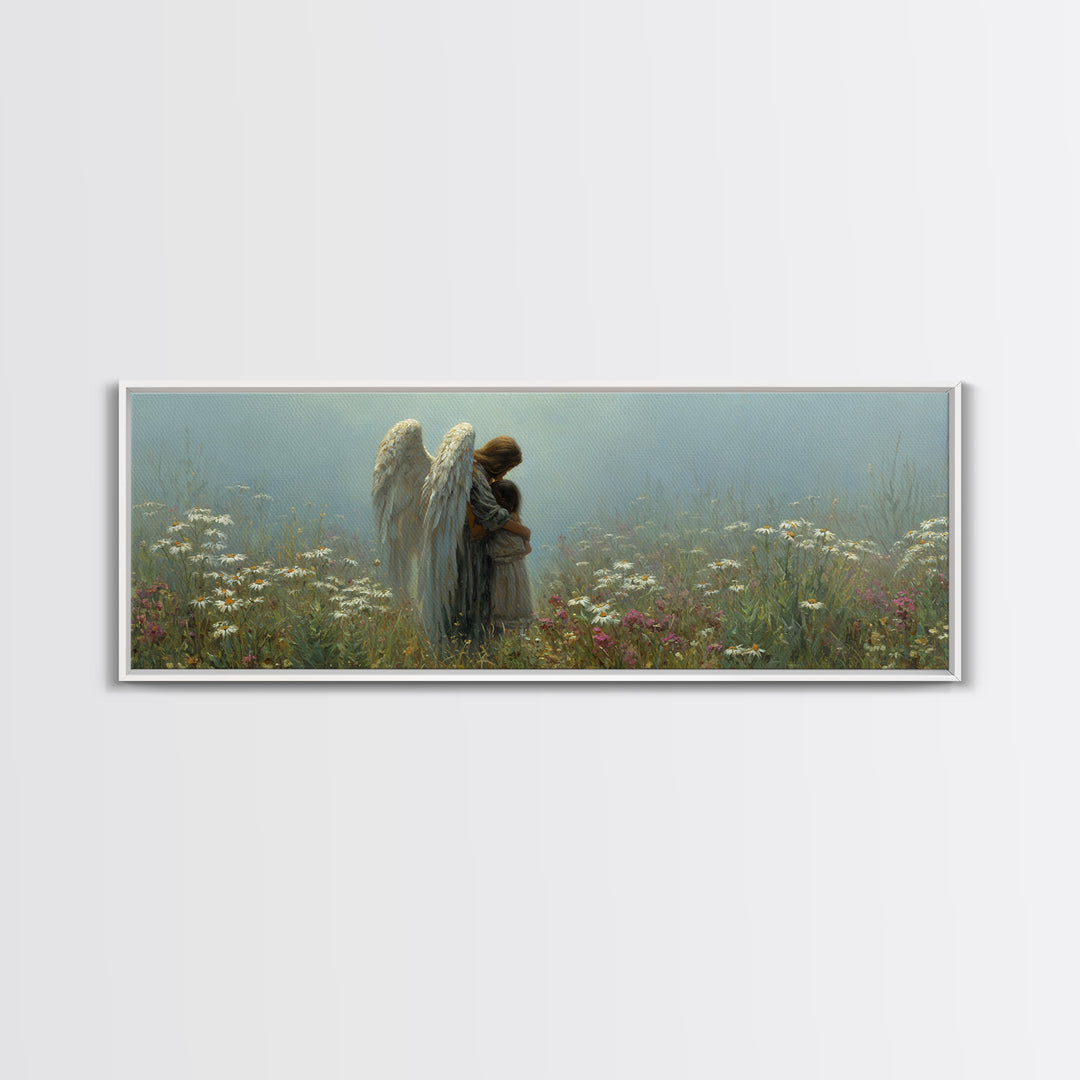 Angel And Little Girl Meadow Wall Art, Christian Nursery Decor, Spiritual Canvas Art, Wildflower Landscape, Calming Gift