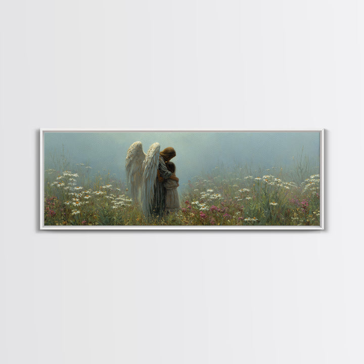 Angel And Little Girl Meadow Wall Art, Christian Nursery Decor, Spiritual Canvas Art, Wildflower Landscape, Calming Gift