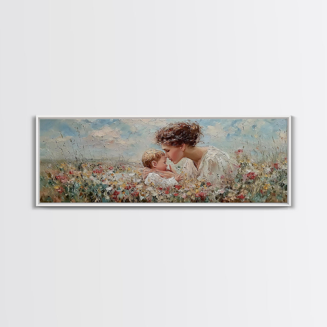 Angel Mother Kissing Baby Framed Canvas Print, Christian Nursery Wall Art, Wildflower Meadow Decor, Gift For Mom, Spiritual Art