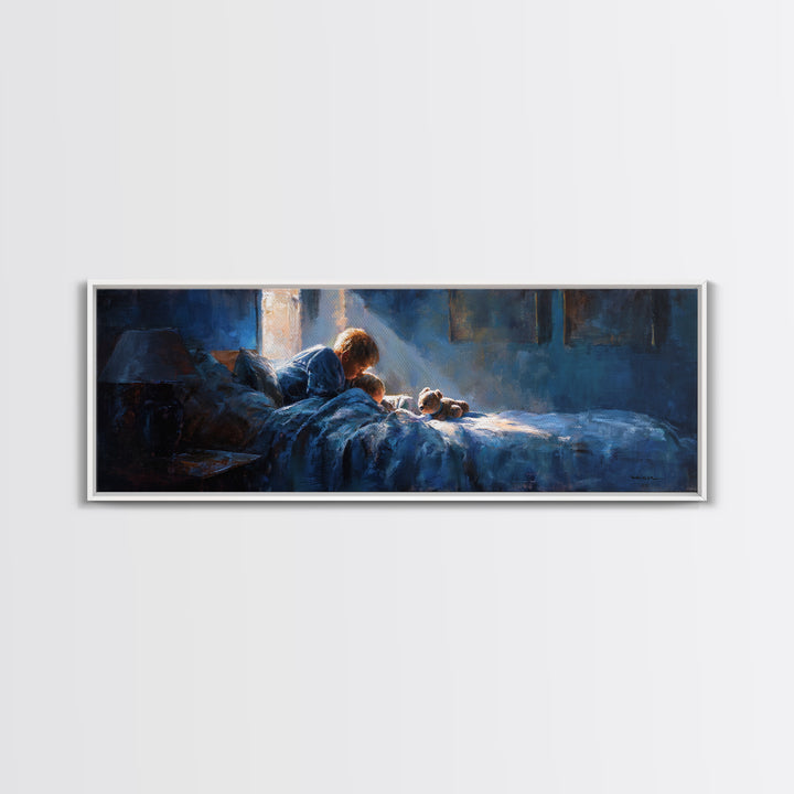 Mother Reading To Child In Blue Bedroom Wall Art, Moody Impressionist Bedtime Print, Cozy Nursery Decor, Above Bed Gift For Mom