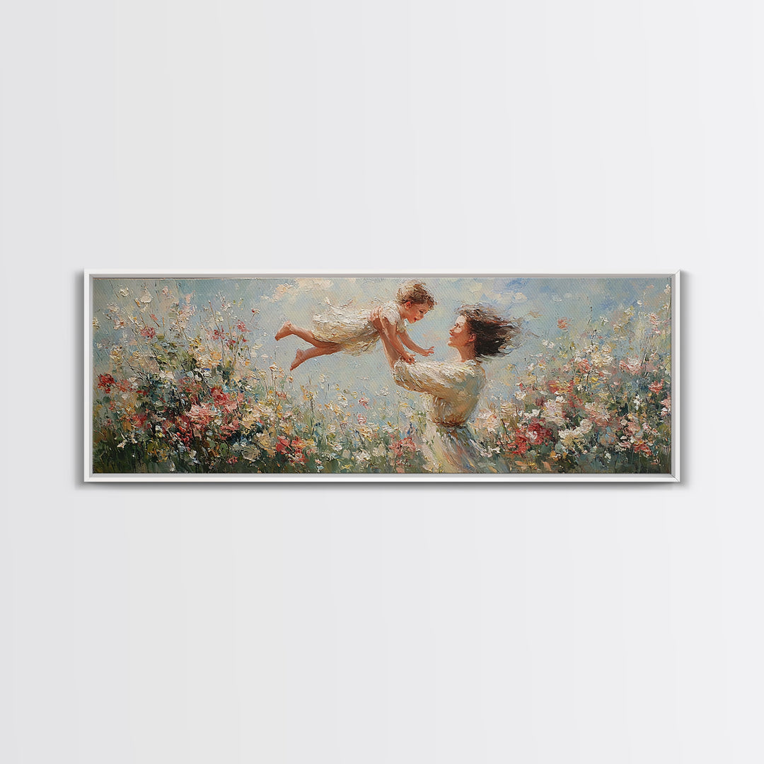 Mother Lifting Child Over Blooming Meadow Framed Canvas Print, Impressionist Floral Wall Art, Nursery Decor Gift For Mom