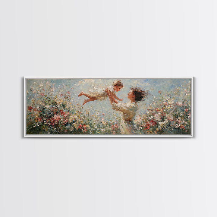 Mother Lifting Child Over Blooming Meadow Framed Canvas Print, Impressionist Floral Wall Art, Nursery Decor Gift For Mom